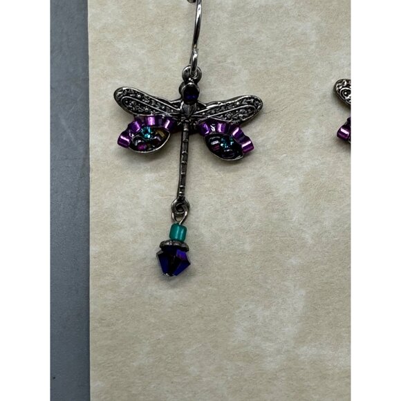 Firefly Dragonfly Dangle Earrings With Purple & Teal Beads On Silver-Tone Hooks - Picture 2 of 5